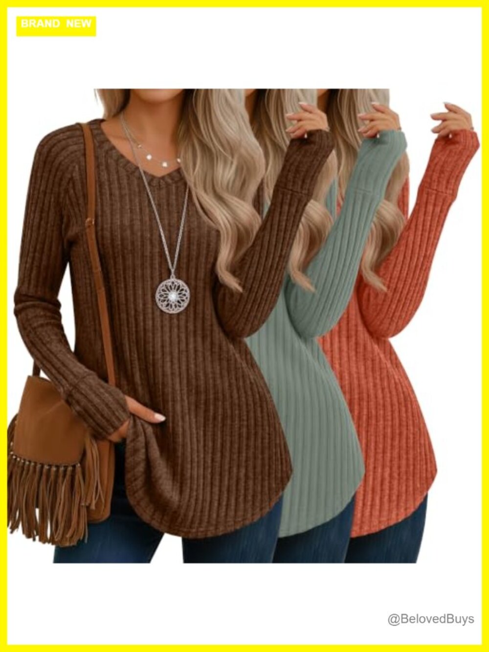 Women's V Neck Long Sleeve Tunic Sweaters Ribbed Knit Pullover 3 Pack